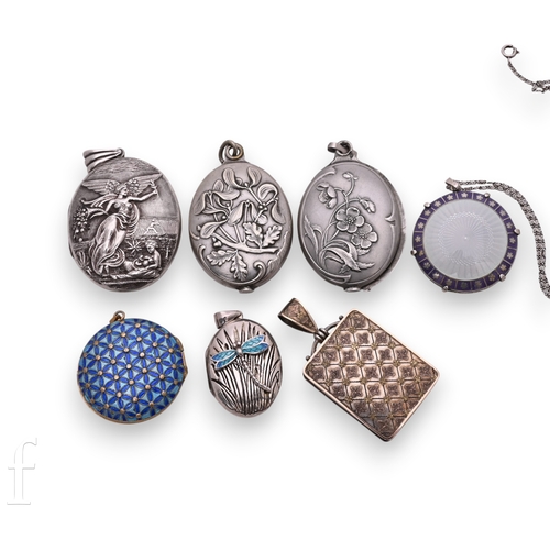 81 - A 925 sterling silver oval locket, with enamelled dragonfly relief cast decoration over striated fol... 
