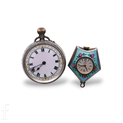 82 - A silver cased ladies pocket watch, the white enamel dial with printed numerals, the case with engra... 