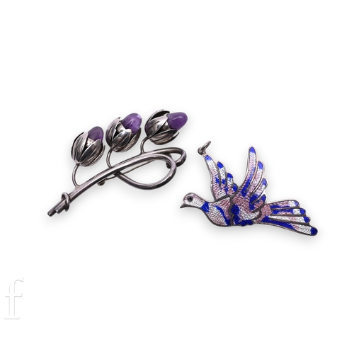 84 - A Mexican Mericela silver brooch, stylised whiplash stems with amethyst flowerbuds in foliate mounts... 