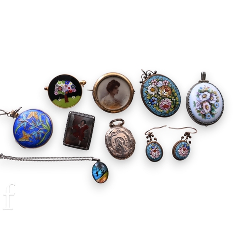 85 - A collection of costume enamelled and micro-mosaic jewellery, to include a silver gilt enamelled loc... 