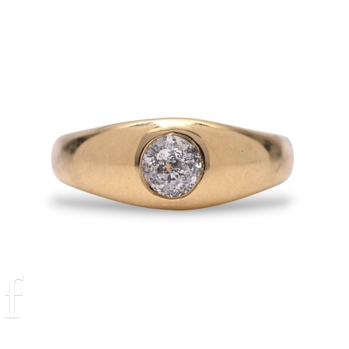 110 - A single stone diamond ring, the old brilliant cut diamond collet set in plain band, marked 750, tot... 