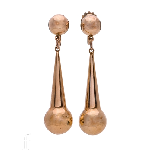 88 - A pair of earrings, of articulated tapering drop with ball terminal, screw back fittings, marked 9ct... 