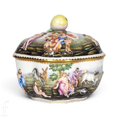811 - A 19th Century Capodimonte bowl and cover, quarter lobed form, relief moulded classical figures in f... 