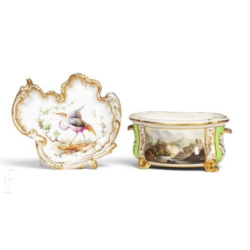 812 - In the manner of Chelsea, a porcelain leaf form dish, gilt heightened moulding reserving enamelled c... 
