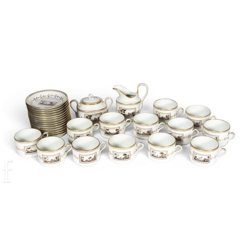 813 - Richard Ginori, a collection of Fiesole Italian porcelain tea ware, Empire style en grisaille decora... 