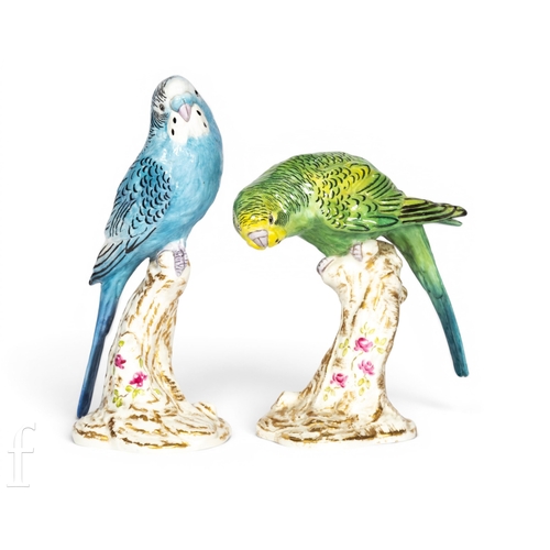 816 - Frederick M Gertner for Royal Worcester, a perched budgerigar, circa 1950s, with blue plumage, atop ... 
