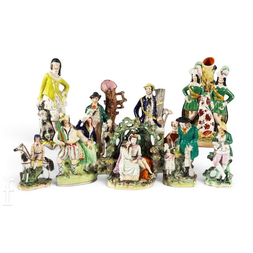 819 - A collection of Staffordshire portrait figures, flat back figures and arbor group, including a figur... 