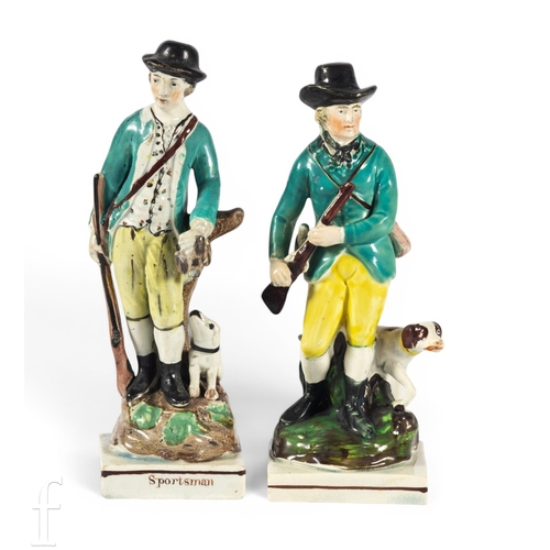 820 - An early 19th Century Staffordshire pottery figure of a sportsman, standing on square base, a gun in... 