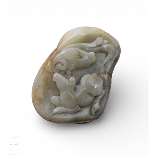 1291 - A Chinese green hardstone pebble carving of a horse under lotus flower, the polished stone carved in... 
