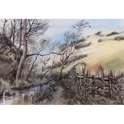 1464 - Alan Phillips (20th Century) - A river landscape with wooden gate to the foreground, pen and waterco... 