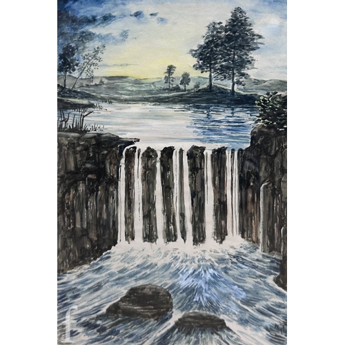 1464 - Alan Phillips (20th Century) - A river landscape with wooden gate to the foreground, pen and waterco... 