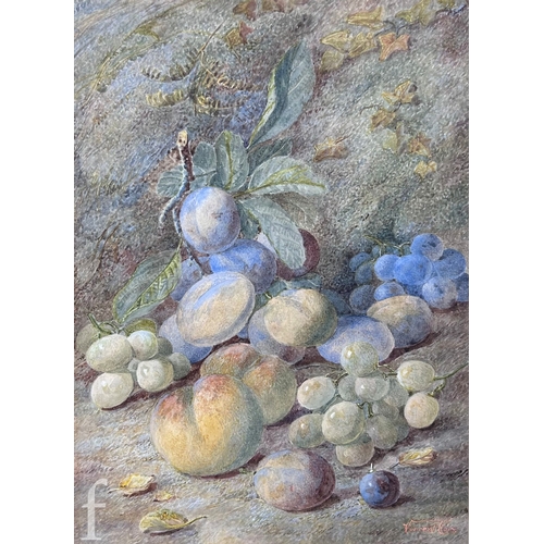 1468 - Vincent Clare (1855-1925) - Still life with grapes, peaches and plums on a mossy bank, watercolour, ... 