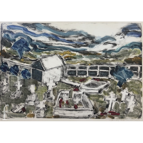 1474 - Nancy Marculewicz (20th Century) - A graveyard scene in tones of blue, red and green, monotype print... 