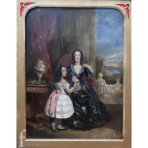 1487 - English School (19th Century) - Portrait of a seated lady wearing black dress with a young girl wear... 