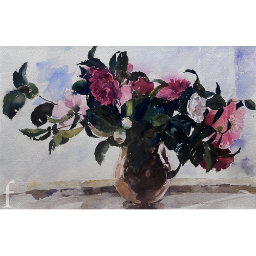 1454 - David Grosvenor (Born 1956) - A still life study of pink roses in a vase, watercolour, signed, frame... 