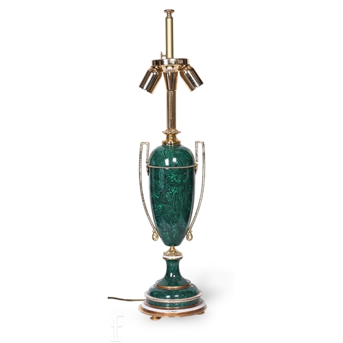1362 - A 20th Century brass effect Grecian style table lamp in simulated malachite and circular socle base,... 