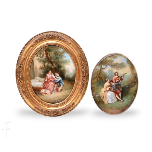1384 - A pair of 19th Century reverse glass painting of classical scenes a female and her suitor in a gilt ... 