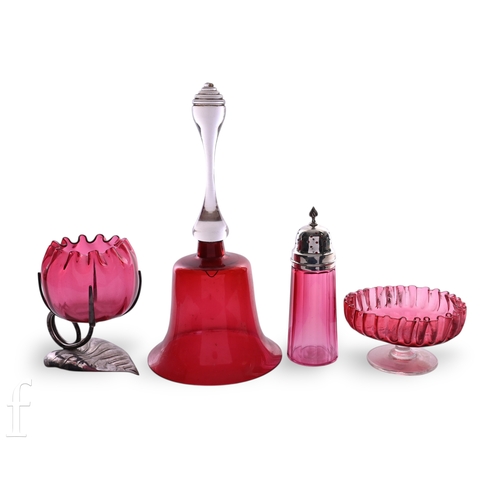 1185 - A late 19th Century cranberry glass pedestal dish with pleated rim, raised on clear foot, diameter 1... 
