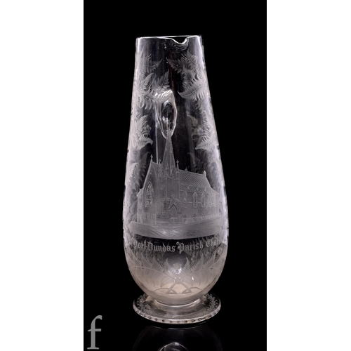 1188 - A late 19th Century clear crystal jug, the tapering ovoid body engraved with a study of Port Dundas ... 