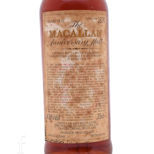 1000 - A bottle of The Macallan Anniversary Malt, 25 years old whisky, distilled 1962, bottled 1987, 75cl.
