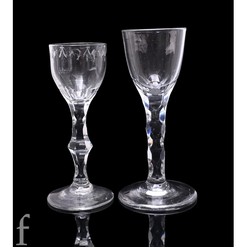 18 - An 18th Century drinking glass circa 1775 the round funnel bowl with basal cutting above a hollow fa... 