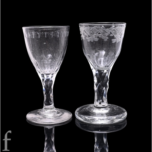 19 - An 18th Century drinking glass circa 1775, the round funnel bowl with engraved upper border and basa... 