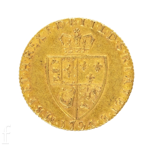42 - George III - A spade Guinea 1794, fifth head reverse crown over shield.