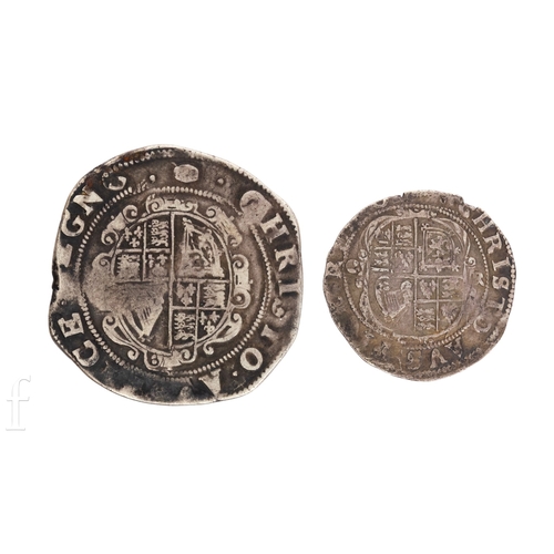 56 - Charles I - A half crown, obverse king on horseback plain field, and a James I sixpence. (2)