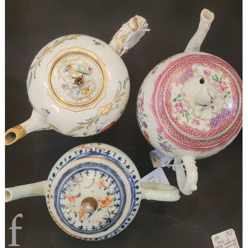 38 - A late 18th Century Meissen teapot and cover, ovoid form with foliate moulded scroll handle, painted... 