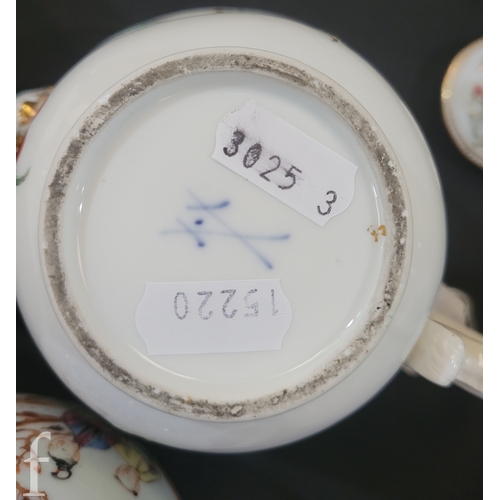 38 - A late 18th Century Meissen teapot and cover, ovoid form with foliate moulded scroll handle, painted... 