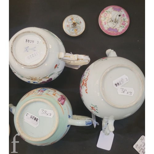 38 - A late 18th Century Meissen teapot and cover, ovoid form with foliate moulded scroll handle, painted... 