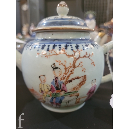 38 - A late 18th Century Meissen teapot and cover, ovoid form with foliate moulded scroll handle, painted... 