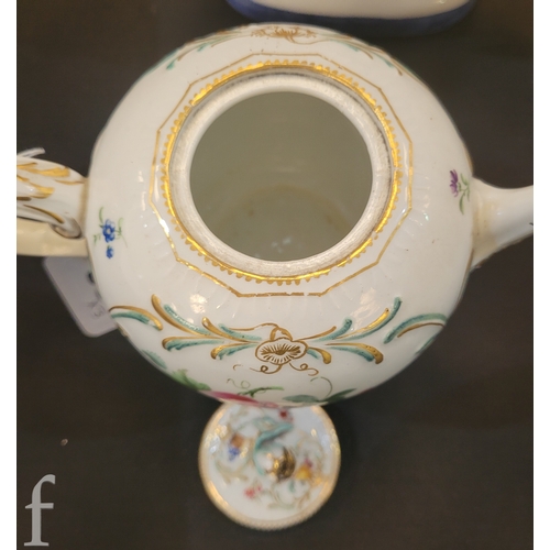 38 - A late 18th Century Meissen teapot and cover, ovoid form with foliate moulded scroll handle, painted... 