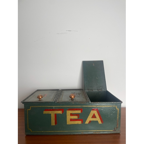 Antique Painted Metal Tea box with Three Compartments (17 x 46 x 24 cm)