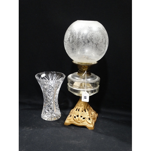 81 - A Square Metallic Based Oil Lamp With Clear Glass Bowl & Etched Shade, Together With A Cut Glass Vas... 