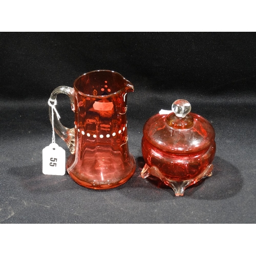 55 - A Cranberry & Enamel Decorated Jug, Together With A Cranberry Bowl & Cover