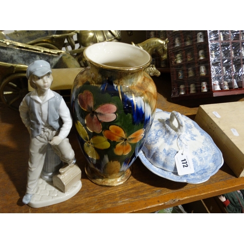 172 - A Nao Porcelain Figure, Together With An Old Court Lustre Vase Etc (3)