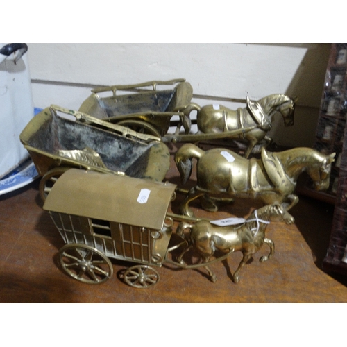 173 - Three 20th Century Cast Brass Horse & Cart Groups