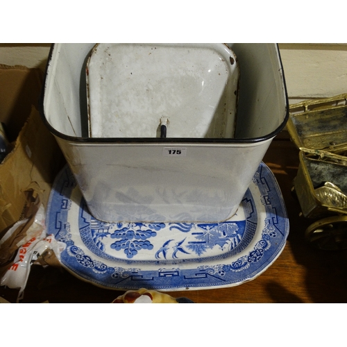 175 - A Vintage Enamel Bread Bin, Together With A Willow Patterned Meat Plate