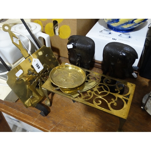 190 - An Antique Brass Adjustable Kettle Stand, Together With A Pair Of Carved African Busts Etc