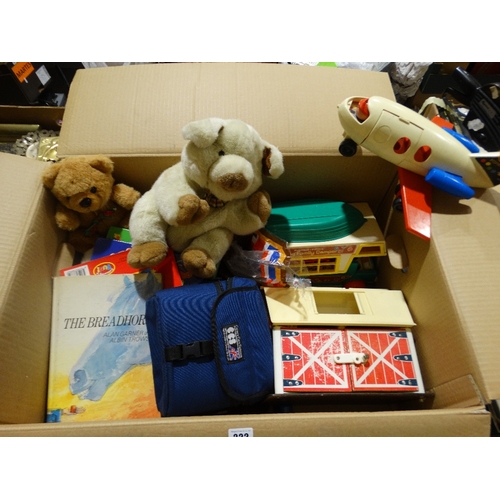 222 - A Box Containing A Quantity Of Vintage Fisher Price Play Sets Including Family Farm, Family Camper E... 