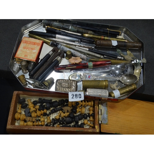 280 - A Tray Of Collectables Including Fountain Pens, Thimbles, Vesta Case Etc