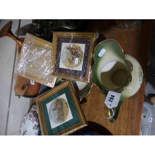 294 - A Modern Pottery Jug & Basin, Together With Four Game Bird Prints