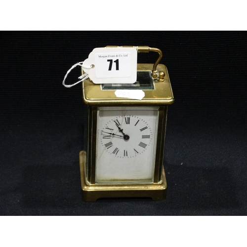 71 - A Brass Encased Carriage Clock With White Enamel Dial (Crack To Dial)