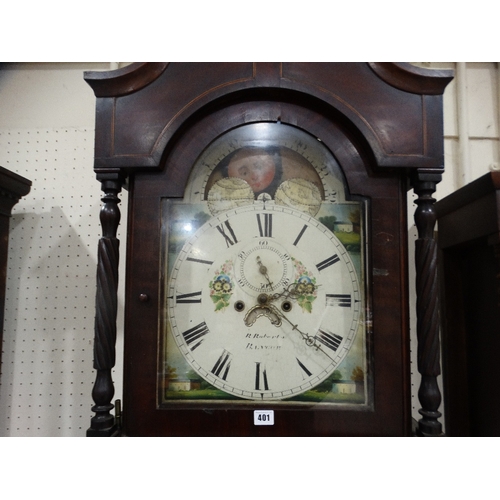 401 - An Antique Oak & Mahogany Encased Long Case Clock With Arched Painted Dial & Eight Day Movement, Sig... 