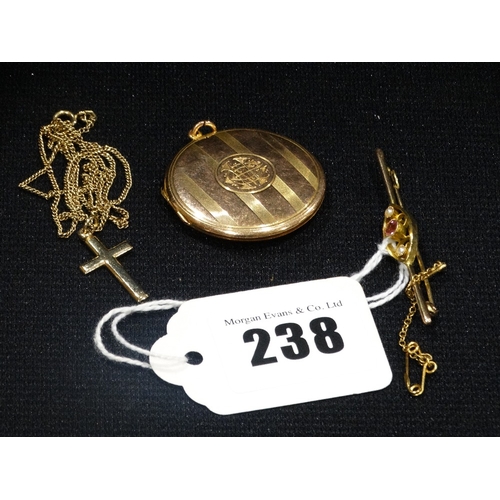 238 - A 15ct Gold Bar Brooch, Together With A 9ct Gold Circular Locket Etc, 12grms All In