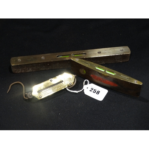 258 - Two Antique Brass Faced Spirit Levels Together With A Brass Faced Pocket Balance