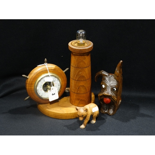 3 - A Lighthouse Barometer Table Lamp, Together With A Carved Wooden Bear Cub Etc