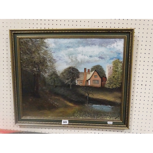 385 - Oil On Board, Study Of A Country House With Church In The Background, Signed Marion