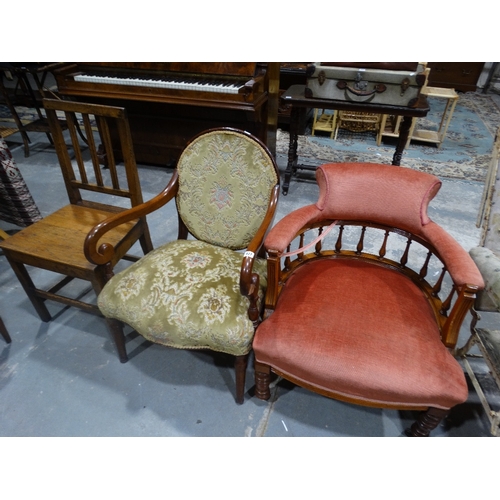 427 - Two Edwardian Tub Chairs, Together With An Antique Oak Farmhouse Chair